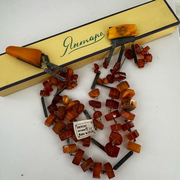 VINTAGE Baltic White Butterscotch Amber Silver Necklace Shantel USSR Soviet - Picture 7 of 17